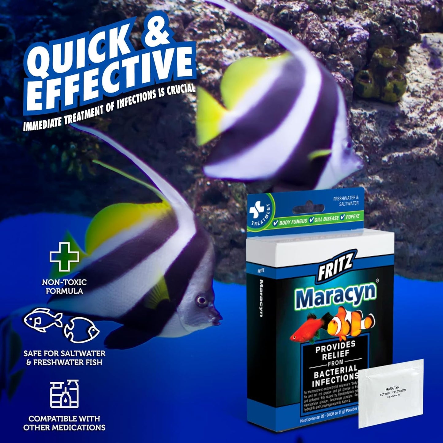 Fritz Maracyn - for Saltwater and Freshwater gram-Positive Relief from Bacterial gil, Popeye, More - Easy dose Packets, 20 Count