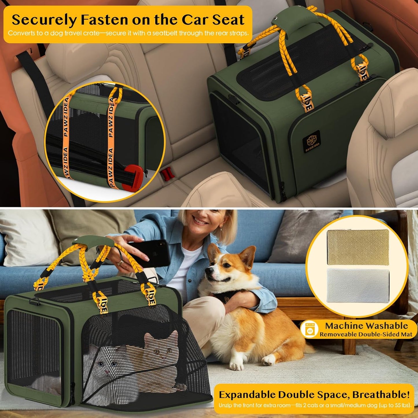 PAWZIDEA Expandable Pet Carrier with Wheels, 24x16x16in Large Cat Carrier for 2 Cats, Soft-Sided Dog Carriers for Small Medium Dog, Collapsible Rolling Travel Bag w/Telescopic Handle, XL Stroage Bag