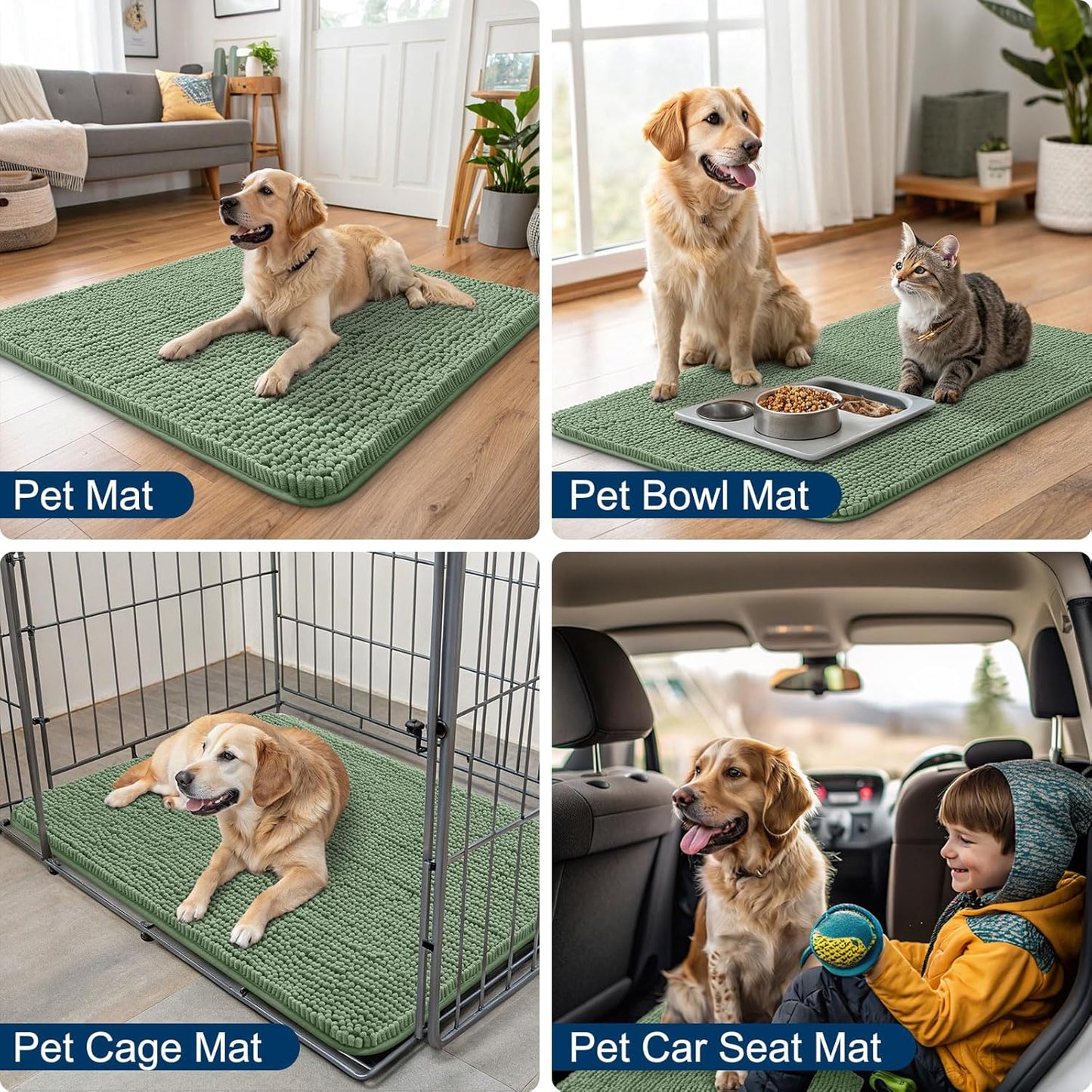 Smiry Dog Door Mat for Muddy Paws 24x16, Absorbs Moisture and Dirt Doormat, Non-Slip Washable Quick Dry Chenille Front Door Mat Indoor Entrance, Entryway Carpet for Inside Floor, Olive Green