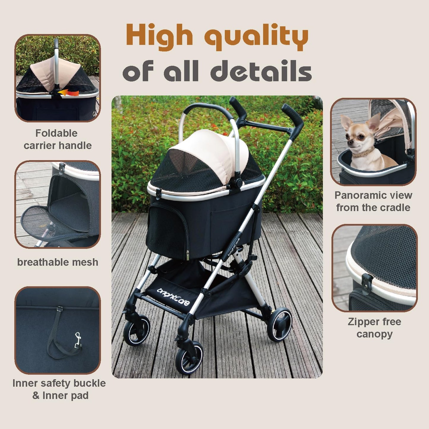 3-in-1 Small Pet Carrier with Stroller for Small Dogs & Cats Under 20 lb – Removable Carrier Converts to Car Seat – Lightweight, One-Hand Fold, No-Zipper Entry