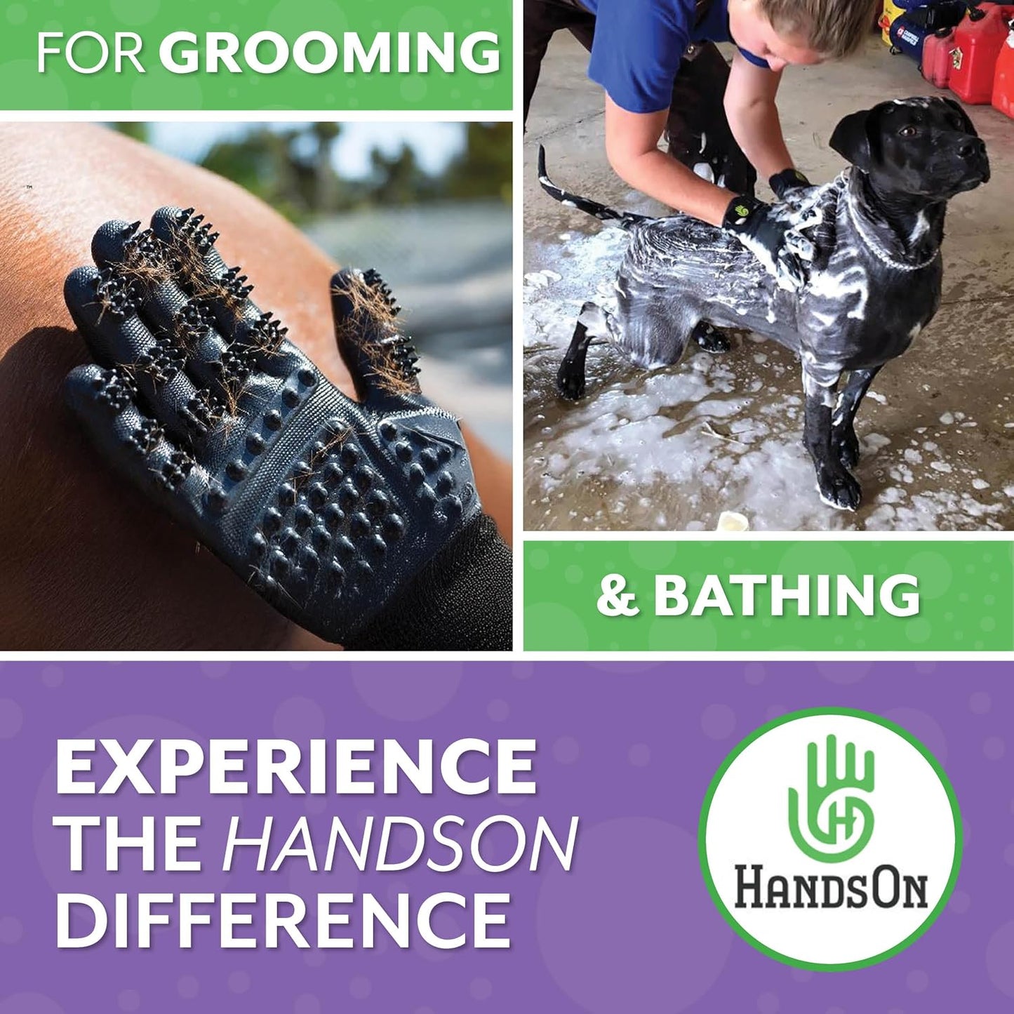 H HANDSON Pet Grooming Gloves - Patented #1 Ranked, Award Winning Shedding, Bathing, & Hair Remover Gloves - Gentle Brush for Cats, Dogs, and Horses (Mono Green, Small)