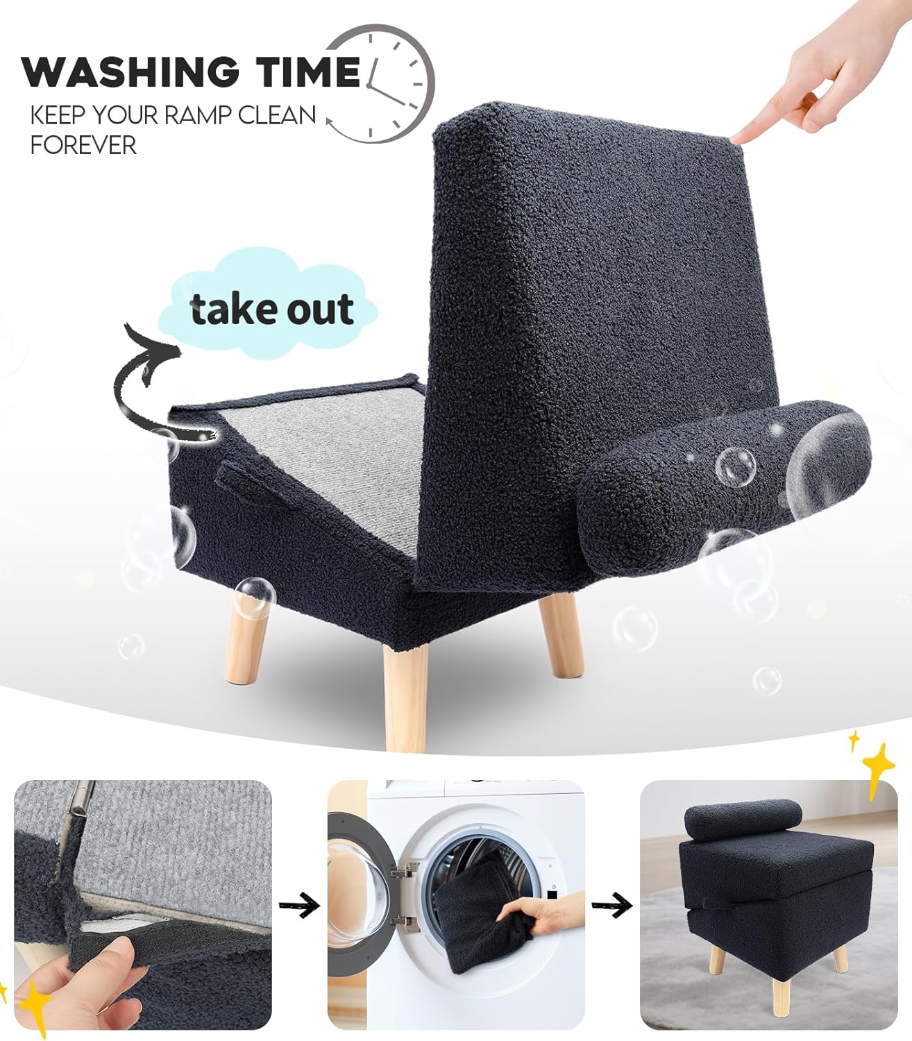 Dog Stairs for Small Dogs and Cats – 2-in-1 Dog Ramp for Bed and Couch, 16.5'' Foldable Wooden Pet Steps, Sturdy Multi-Use Split Ottoman Design, Dark Blue