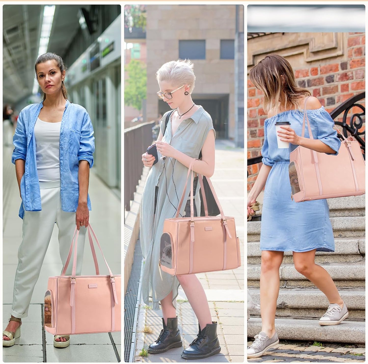 Fashion Dog Purse Pet Carrier Leather Bag for Small Dogs Cats Puppy, Portable Tote Bag Airline Approved Soft-Sided Carriers (Pink)