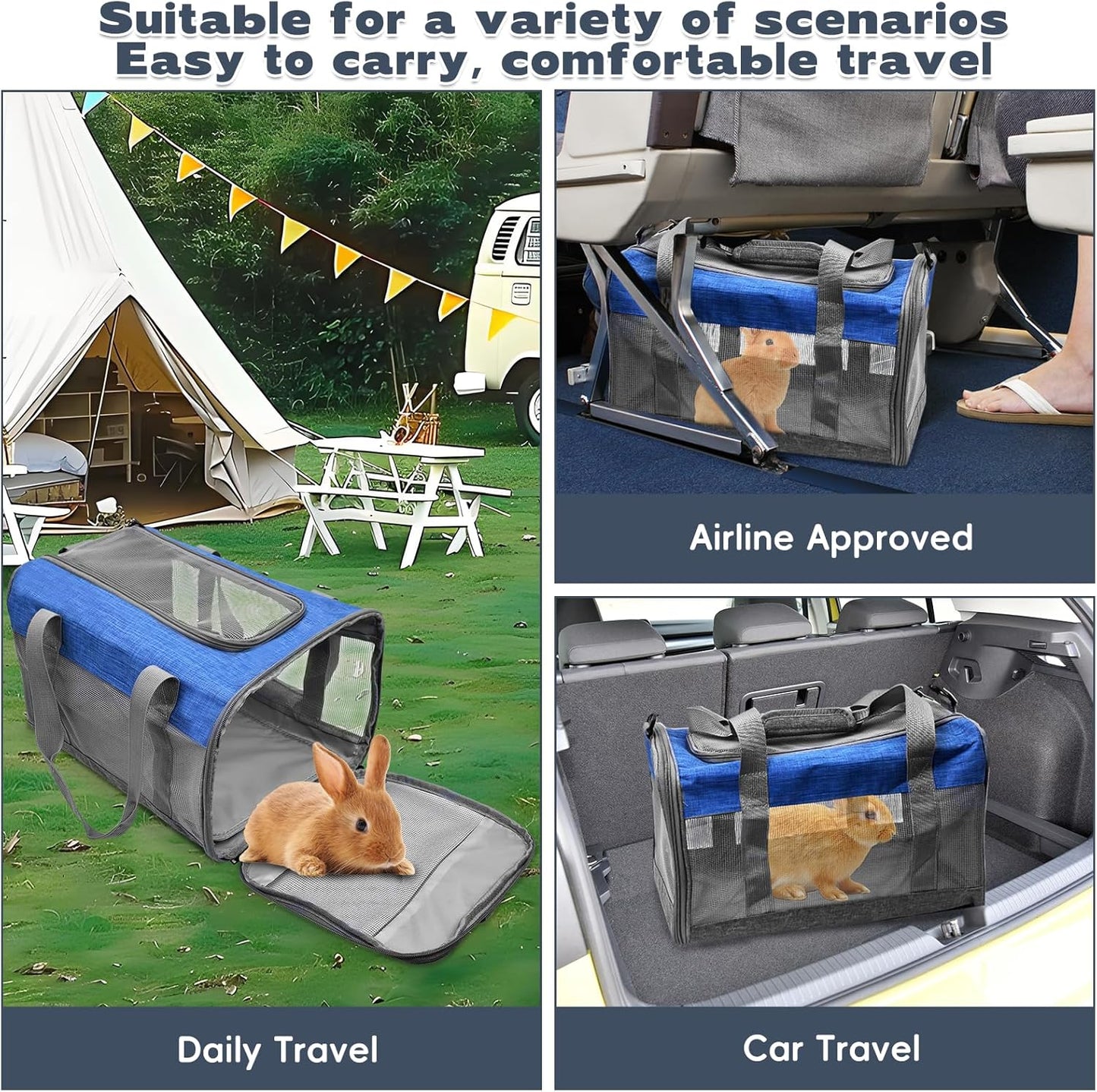 PINVNBY Bunny Carrier for Travel Camping Outdoor, Small Pet Carrier, Guinea Pig Carrier, Breathable Pet Portable Hand Bag for Hamster Bunny Guinea Pig (Blue & Gray)