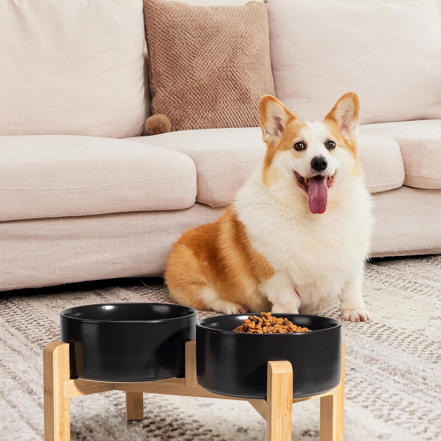 Elevated Ceramic Dog Bowl Set - Raised Dog Bowls with Non-Slip Bamboo Stand - Dog Food and Water Bowl Set - Double Dog Feeding Bowls - Suitable for Small and Medium Dogs - 28.74 OZ - 3.6 CUPS - 850 ML