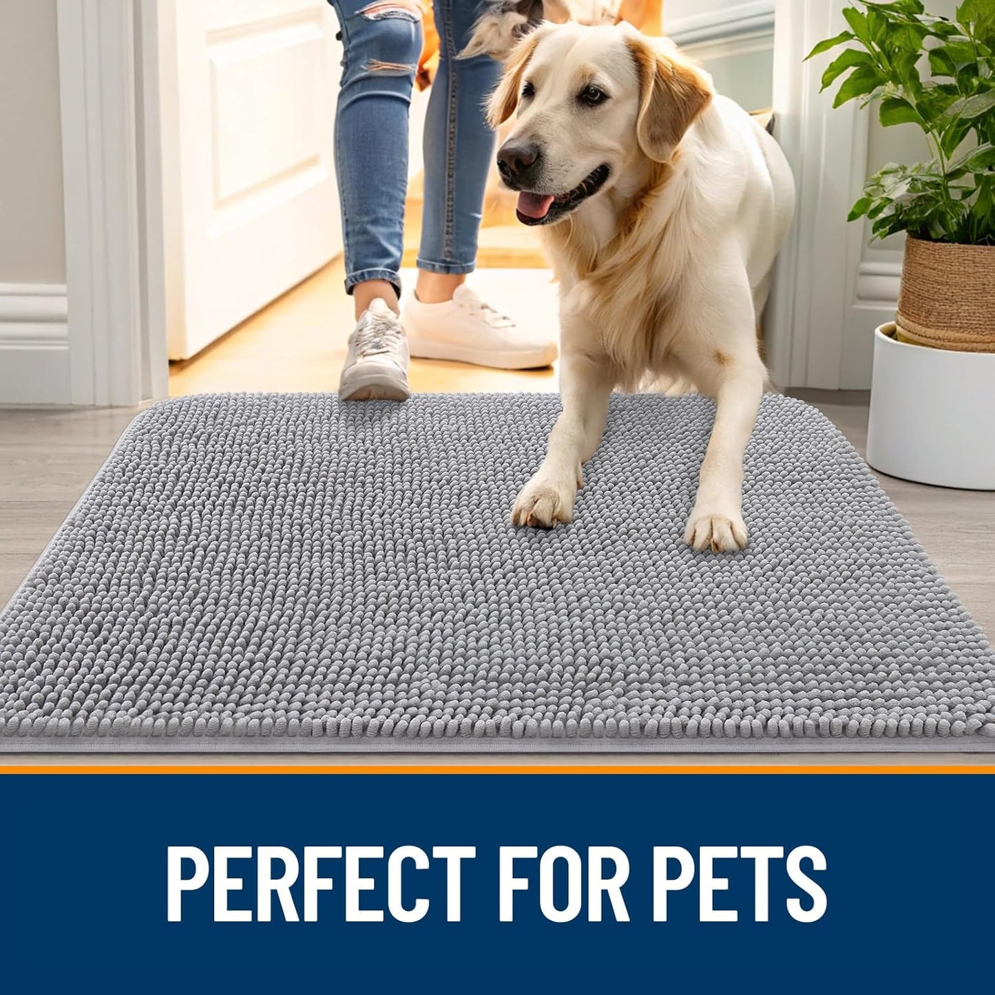OLANLY Dog Door Mat for Muddy Paws 59x35, Absorbs Moisture and Dirt, Absorbent Non-Slip Washable Doormat, Quick Dry Chenille Mud Mat for Dogs, Entry Indoor Entryway Carpet for Inside Floor, Light Grey