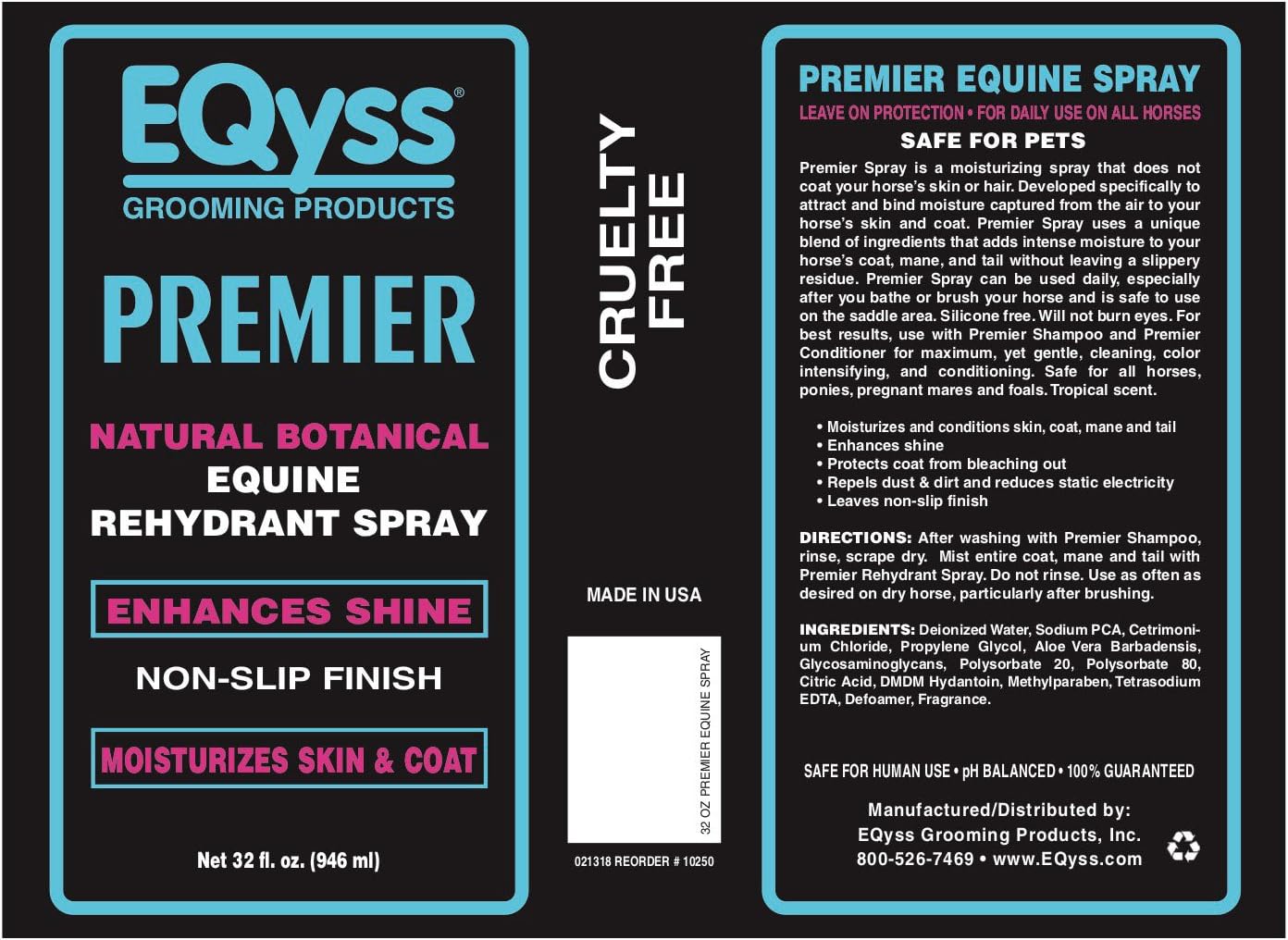 EQyss Premier Equine Horse Spray - Moisturizes Skin and Coat, Enhances Shine and Detangles, Prevents Dry Skin - Non-slip, Repels Dirt, USA-made