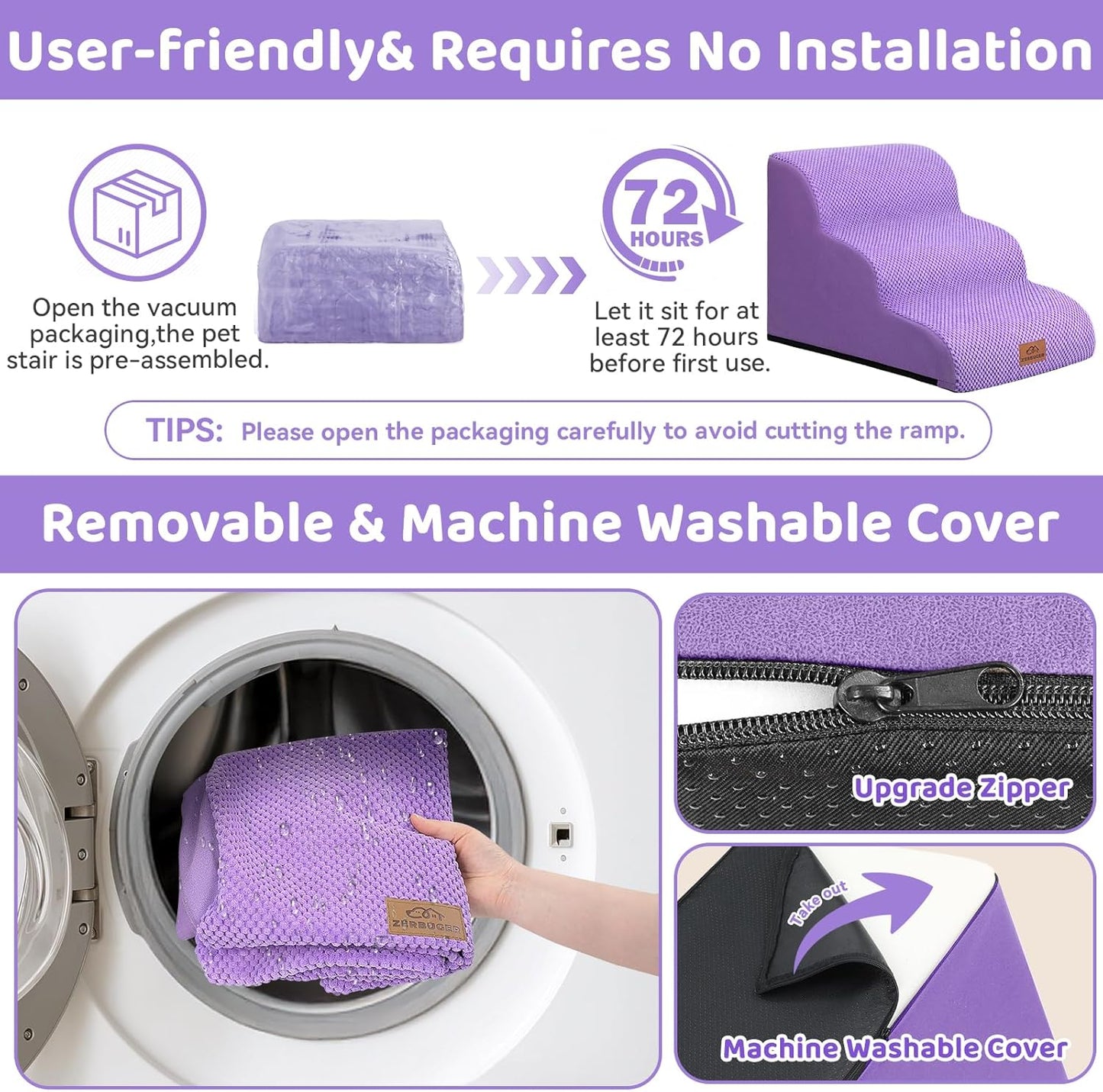 Dog Ramp and Stair for Bed 16" H-20 H,3-Step Cat Stair for Sofa and Chair,4-Step Dog Ramp for High Bed and Window,Durable Nonslip Fabric Stair for Indoor (Purple-16 H, Pet Friendly, 3)