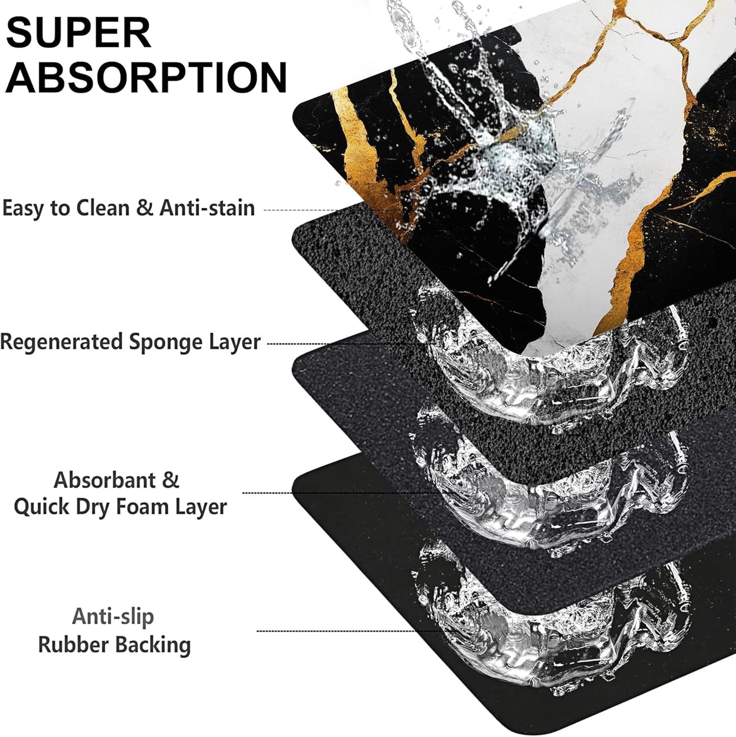 Black Gold Marble Dog Cat Food Mat-Absorbent Placemat for Food and Water Bowl, Waterproof Non Slip Rubber Backing Dog Food Mats for Floors, Pet Supplies 16 * 24 inch