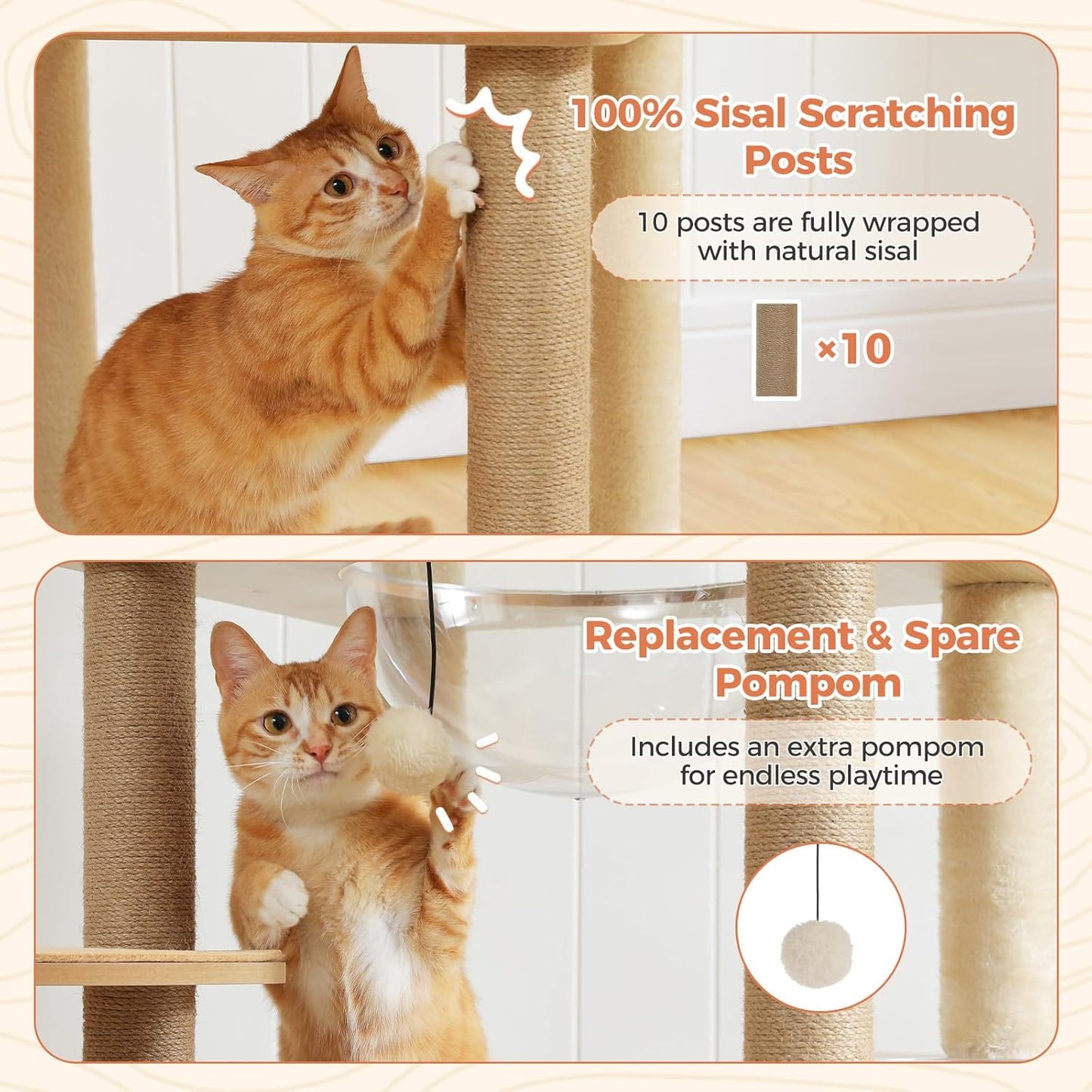 71" Tall Wood Cat Tree for Large Cats, Modern Cat Tower with 2 Acrylic Bowls, Large Top Perch, Spacious Cat Cave (Soft Cushion Included), 10 Sisal Scratching Posts and Non-Slip Jump Platforms