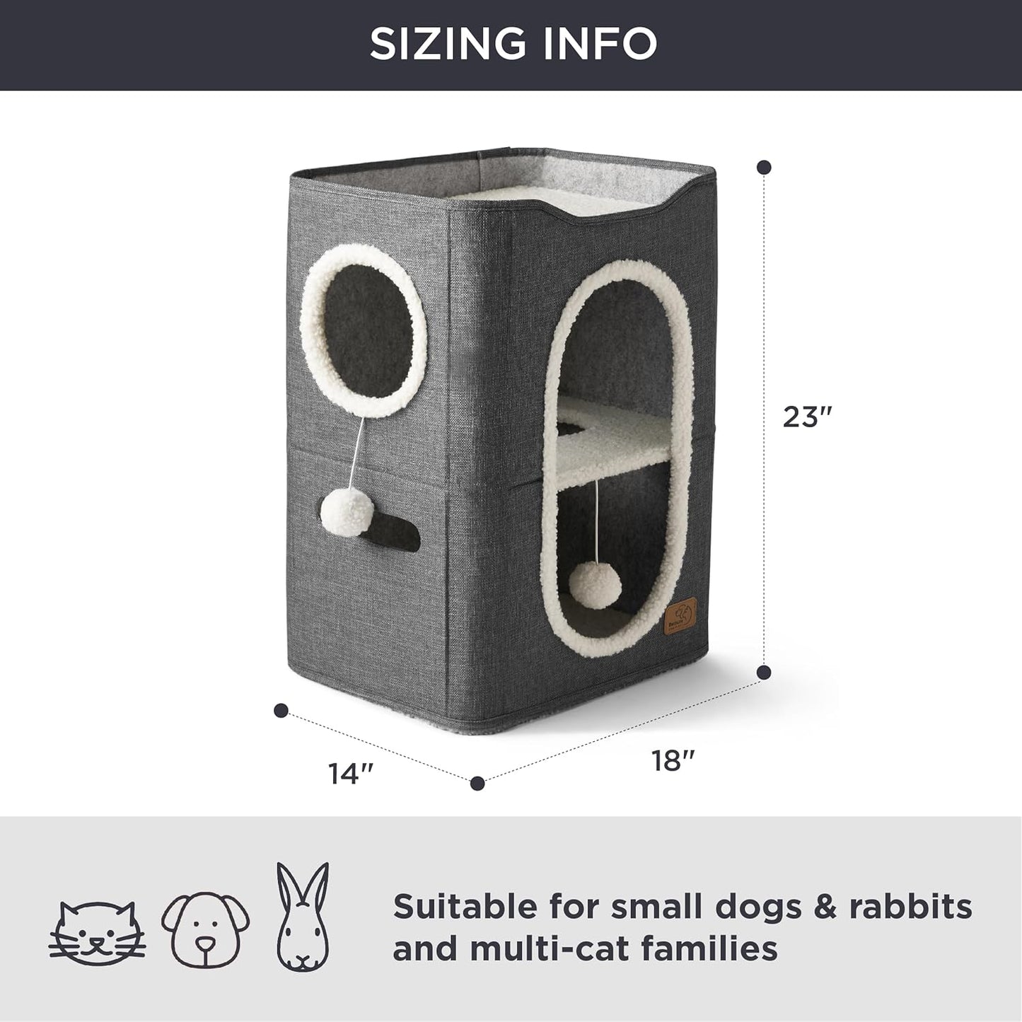Bedsure 2 Story Cat House - Cat Condos for Indoor Cats with Scratch Pad and Fluffy Ball Hanging, Small Pet Cave Furniture Hideaway for Multi Pets, 18x14x23 inches, Dark Grey