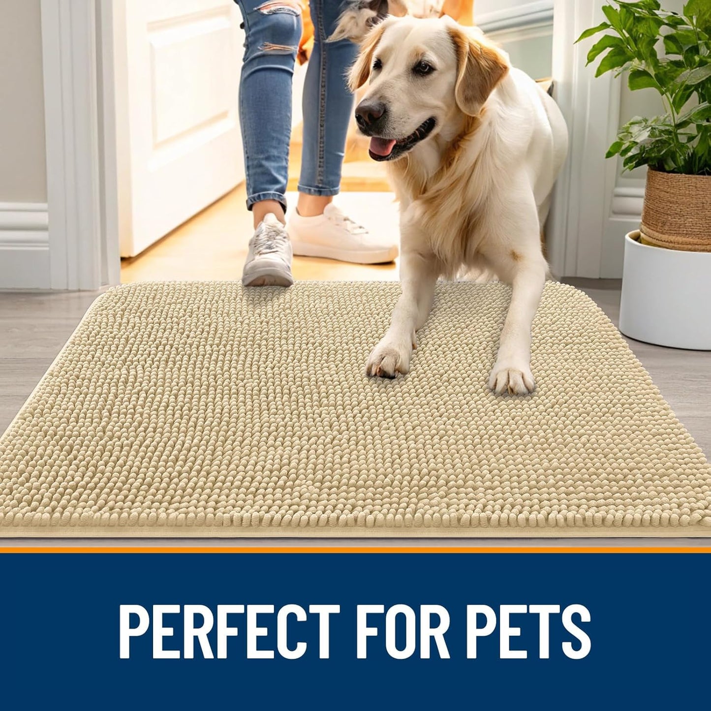 OLANLY Dog Door Mat for Muddy Paws 36x24, Absorbs Moisture and Dirt, Absorbent Non-Slip Washable Doormat, Quick Dry Chenille Mud Mat for Dogs, Entry Indoor Entryway Carpet for Inside Floor, Sand
