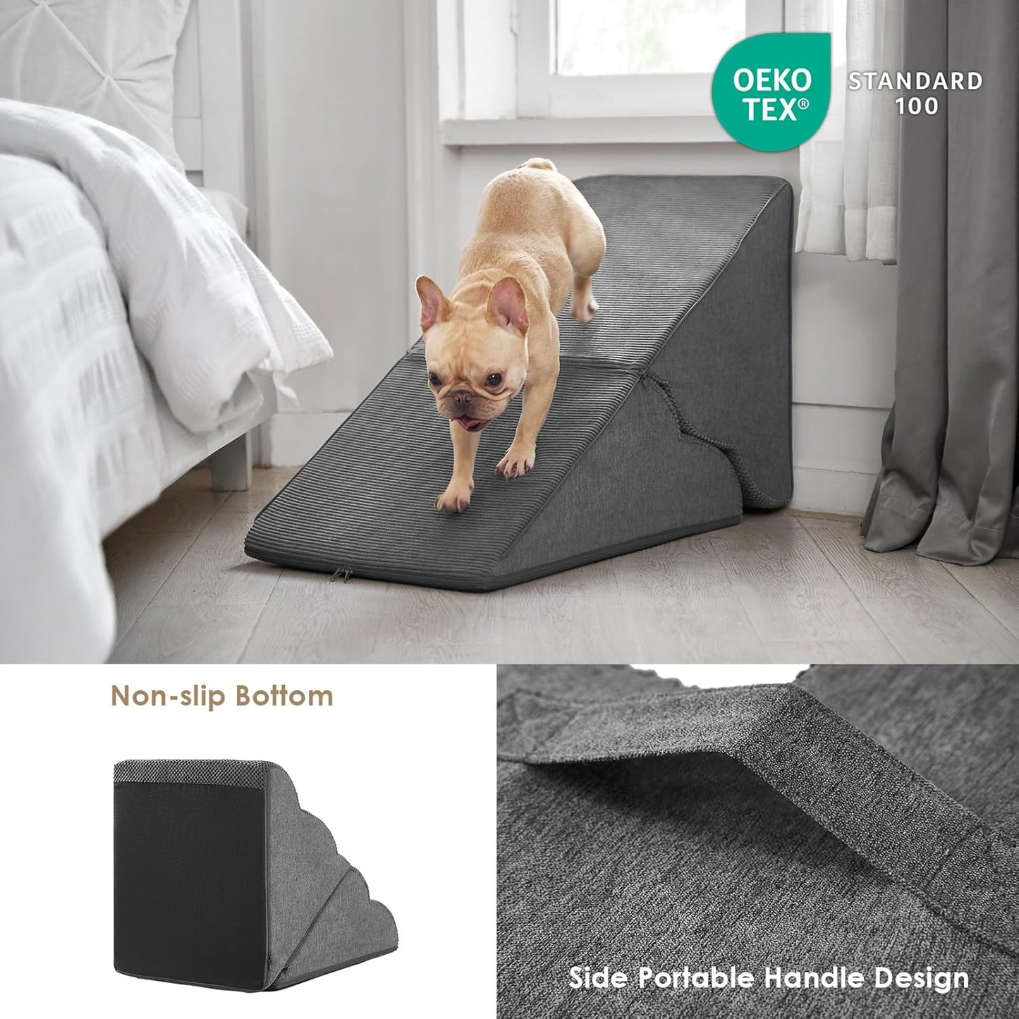 EHEYCIGA Curved Foldable Dog Stairs Ramp for High Beds 19.7" H, 4-Step Dog Steps for Small Dogs and Cats, Pet Stairs for High Bed Climbing, Non-Slip Balanced Pet Step Indoor, Grey