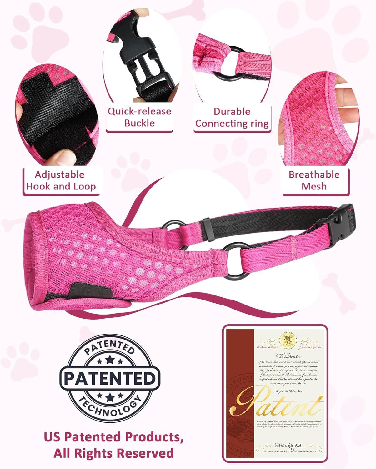 LUCKYPAW Dog Muzzle, Soft Muzzles for Large Medium Small Dogs to Prevent Biting Chewing with Ring and Adjustable Strap for Vet Visit Training (Hot Pink, M)