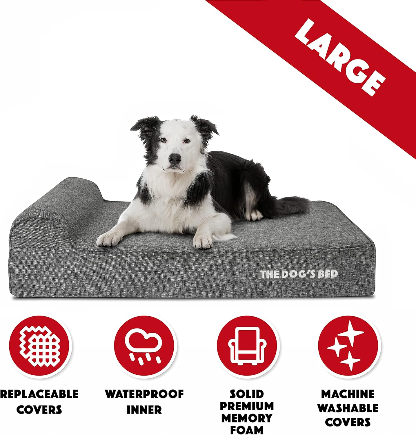 The Dog’s Bed Orthopedic Headrest Dog Bed, Large Grey Linen 40x25, Memory Foam, Pain Relief for Arthritis, Hip & Elbow Dysplasia, Post Surgery, Lameness, Veterinary Approved, Waterproof Washable Cover