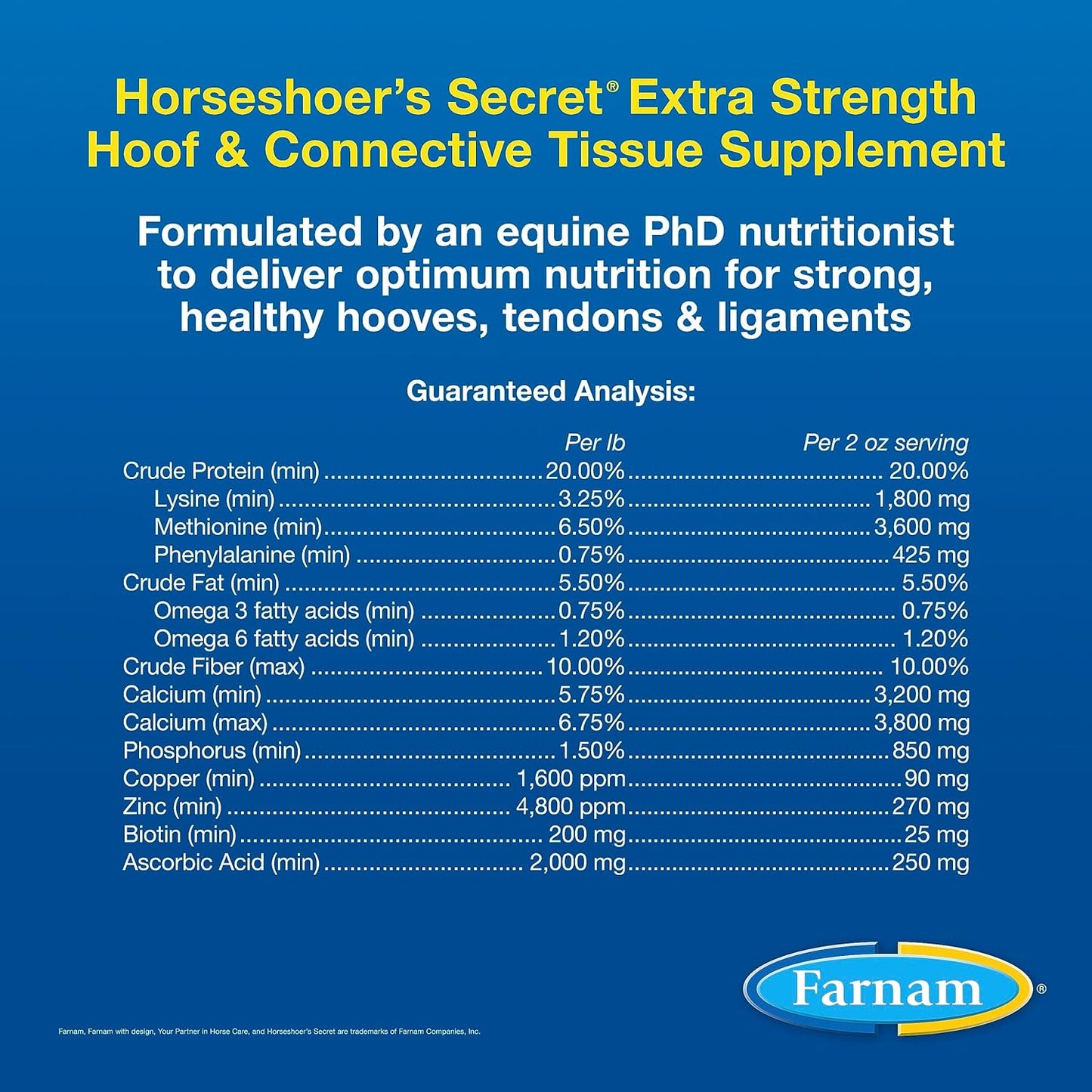 Farnam Horseshoer's Secret EXTRA STRENGTH Hoof Supplements & Connective Tissue Supplement, Promotes strong, healthy hooves, tendons & ligaments, 3.75 lbs., 30 day supply