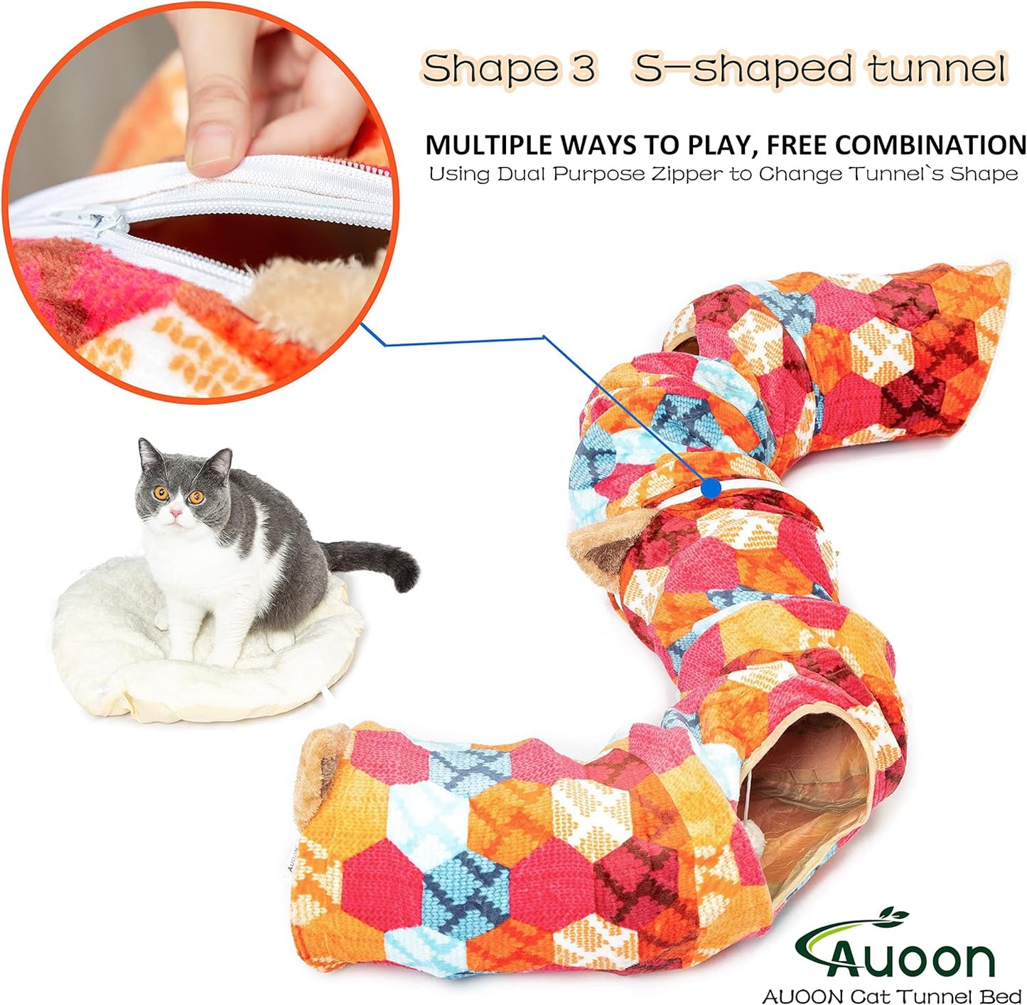 AUOON Cute Cat Donut Tunnel - Interactive Cat Tunnel Bed for Indoor Cats Kitten Kitty Puppy Rabbit Ferret (Orange)
