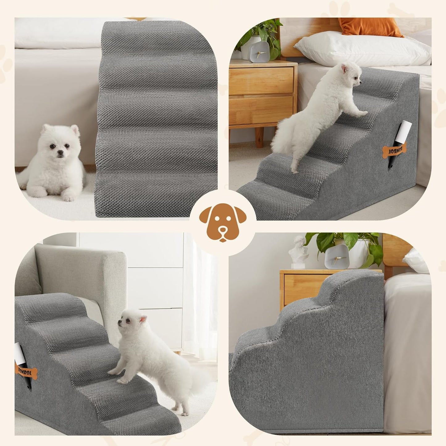 Romrol Dog Stairs Ramp for Small Dogs, Pet Stairs Steps with Durable Non-Slip Waterproof Fabric Cover, Dog Slope Stairs to Bed for Small Dogs and Cats or Pets Joints, 5-Steps, Grey