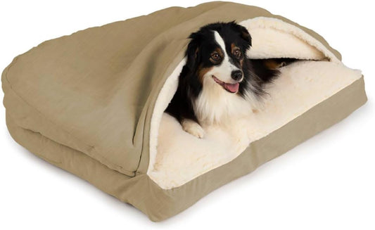 Snoozer Rectangle Cozy Cave Dog Bed - Indoor Dog Bed with Cover Cave, Covered Calming Burrow for Small Sized Pets with Blanket Attached, Enclosed, Washable - Small, Khaki