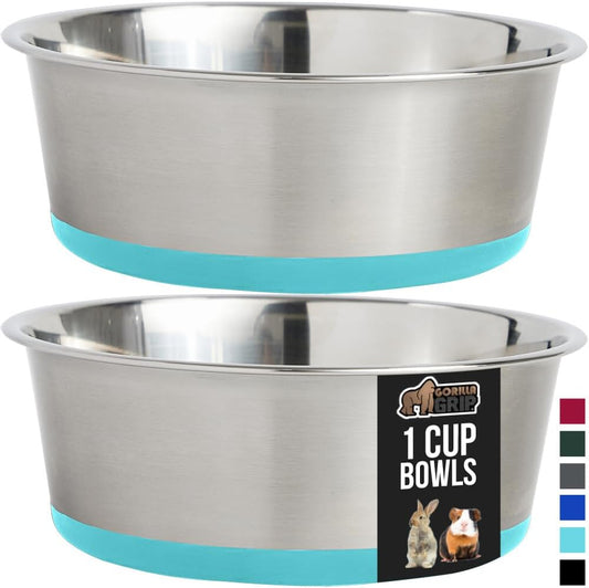 GORILLA GRIP Set of 2 Dog Bowls, Heavy Duty Metal Food and Water Bowl for Feeding Dogs and Cats, Dishwasher Safe, Rust Resistant Stainless Steel, BPA Free Rubber Base, Holds 1 Cup (8 fl oz), Turquoise