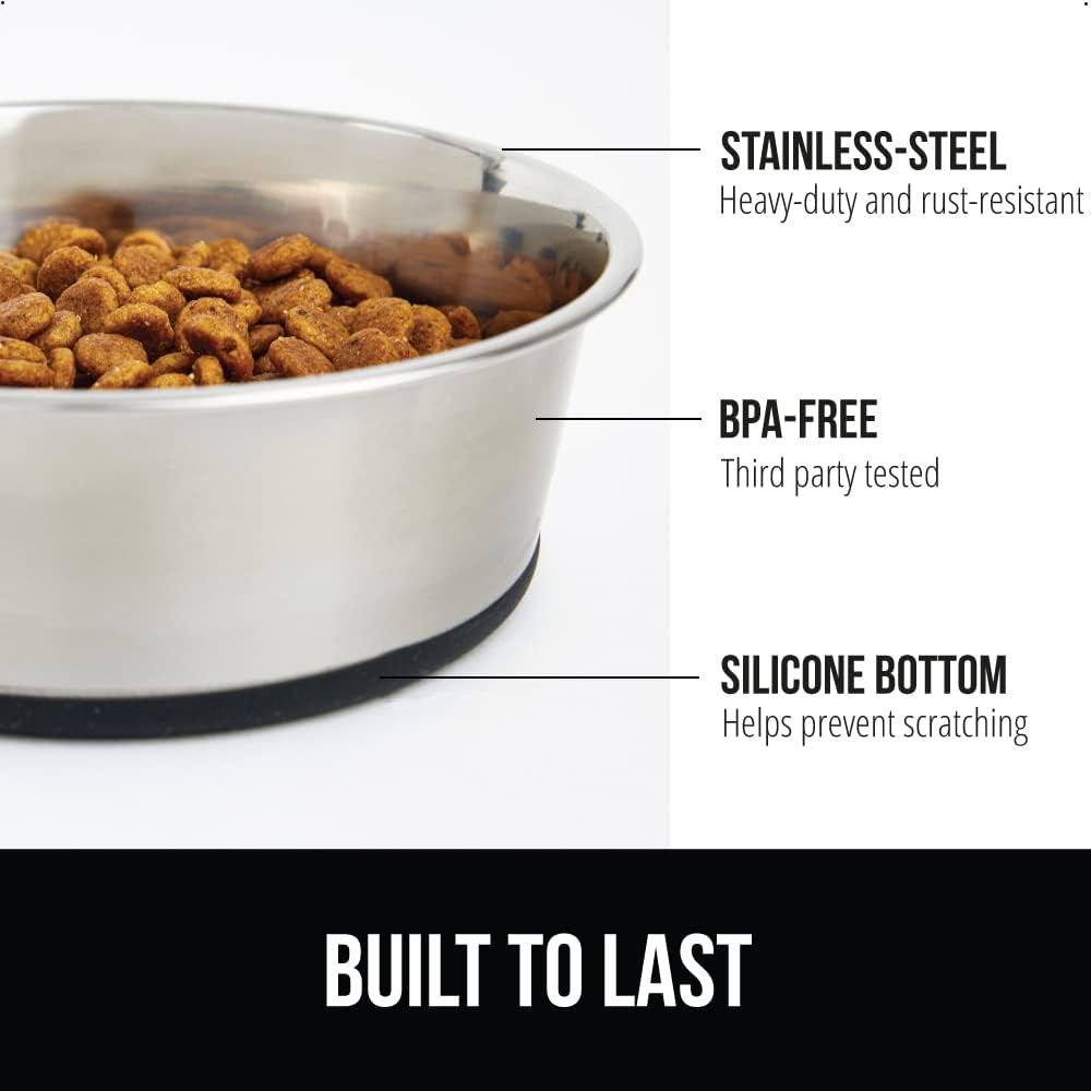 GORILLA GRIP Set of 2 Dog Bowls, Holds 8 Cups (64 fl oz), Heavy Duty Metal Food and Water Bowl for Feeding Dogs and Cats, Dishwasher Safe, Rust Resistant Stainless Steel, BPA Free Rubber Base, Black