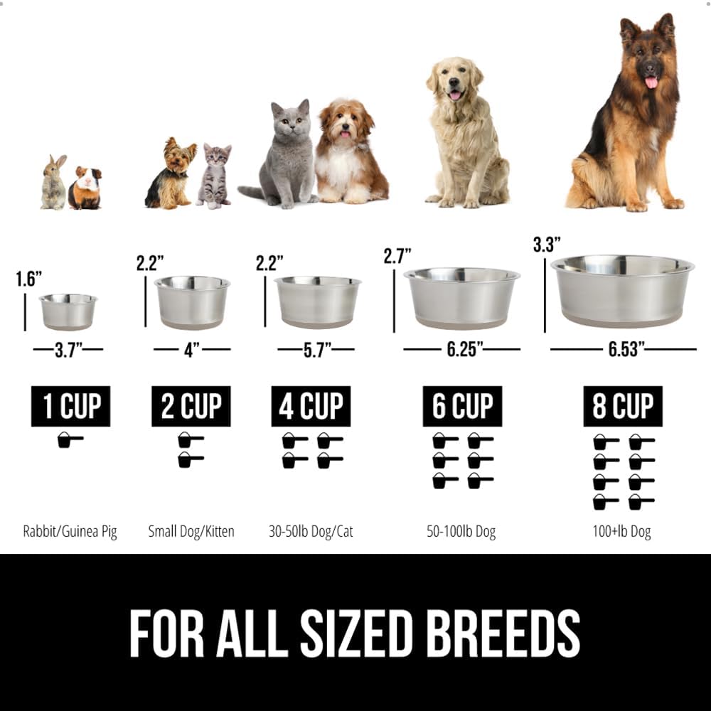 GORILLA GRIP Set of 2 Dog Bowls, Heavy Duty Metal Food and Water Bowl for Feeding Dogs and Cats, Dishwasher Safe, Rust Resistant Stainless Steel, BPA Free Rubber Base, Holds 1 Cup (8 fl oz), Beige