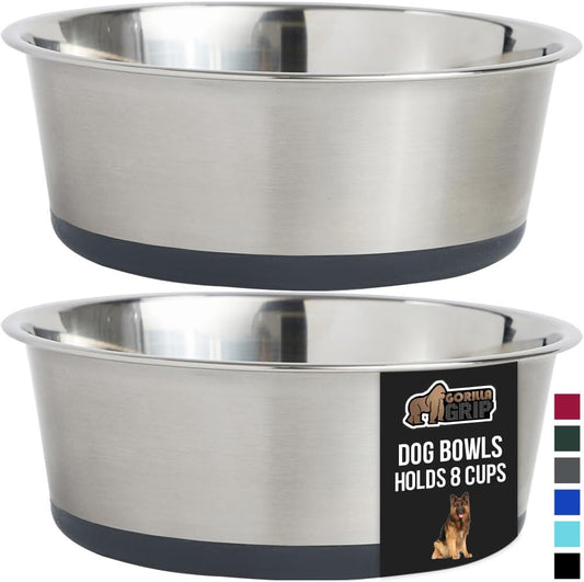 GORILLA GRIP Set of 2 Dog Bowls, Holds 8 Cups (64 fl oz), Heavy Duty Metal Food and Water Bowl for Feeding Dogs and Cats, Dishwasher Safe, Rust Resistant Stainless Steel, BPA Free Rubber Base, Gray