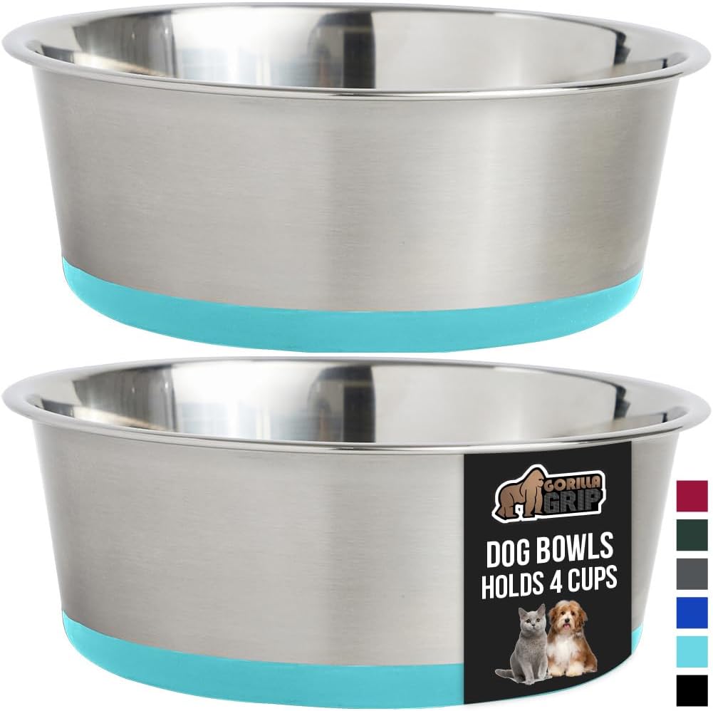 GORILLA GRIP Set of 2 Dog Bowls, Holds 4 Cups (32 fl oz), Heavy Duty Metal Food and Water Bowl for Feeding Dogs and Cat, Dishwasher Safe, Rust Resistant Stainless Steel, BPA Free Rubber Base Turquoise