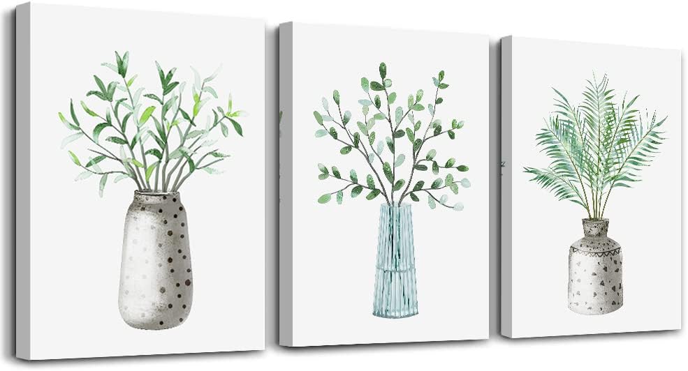 AHUASJART Canvas Wall Art Paintings For Kitchen Dining Room Large Size Wall Decor For Living Room Bedroom Wall Decoration Office Decor Green Leaf Vase Wall Pictures Artwork For Home Walls 3 Piece