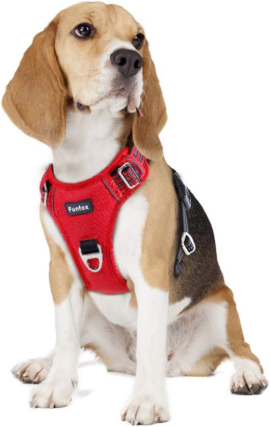 Funfox Dog Harness No Pull, Adjustable Pet Vest Harness, Super Soft Material with Vertical Handle Easy Control, Reflective Night Walking, 2 Leash Clips for Medium Sized Dogs, Red, M