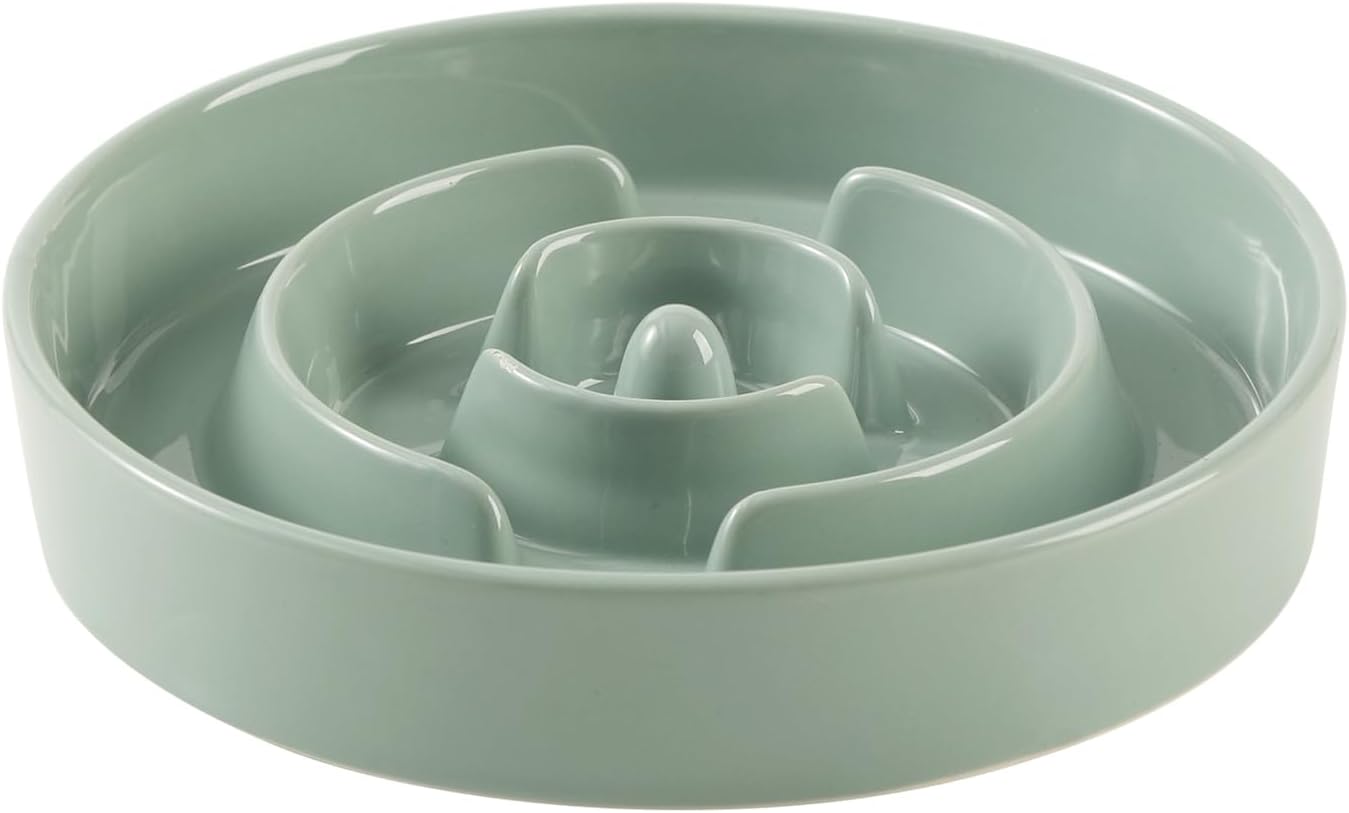 7.3inch Ceramic Slow Feeder Dog Bowl for Medium and Large Breed, Puzzle Dog Food Dish, Anti-Gulping, Pet Slow Feeder, Stop Bloat, Preventing Choking (Single Bowl-Light Green)