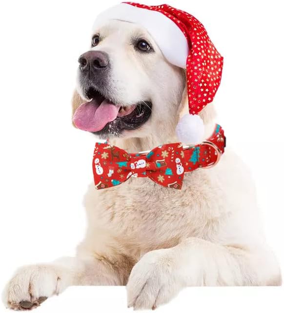 Lionet Paws Christmas Dog Collar with Bowtie, Dog Bowtie Collar with Metal Buckle for Dogs, Adjustable Comfortable Dog Collar Girl Boy Gift, M, Neck 13.5-22 in