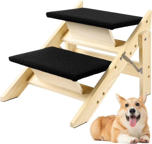 Foldable Dog Stairs/Ramp with 2 Steps - Durable Wooden Pet Stairs for Small, Medium, Large Dogs - Black (No Assembly Required)