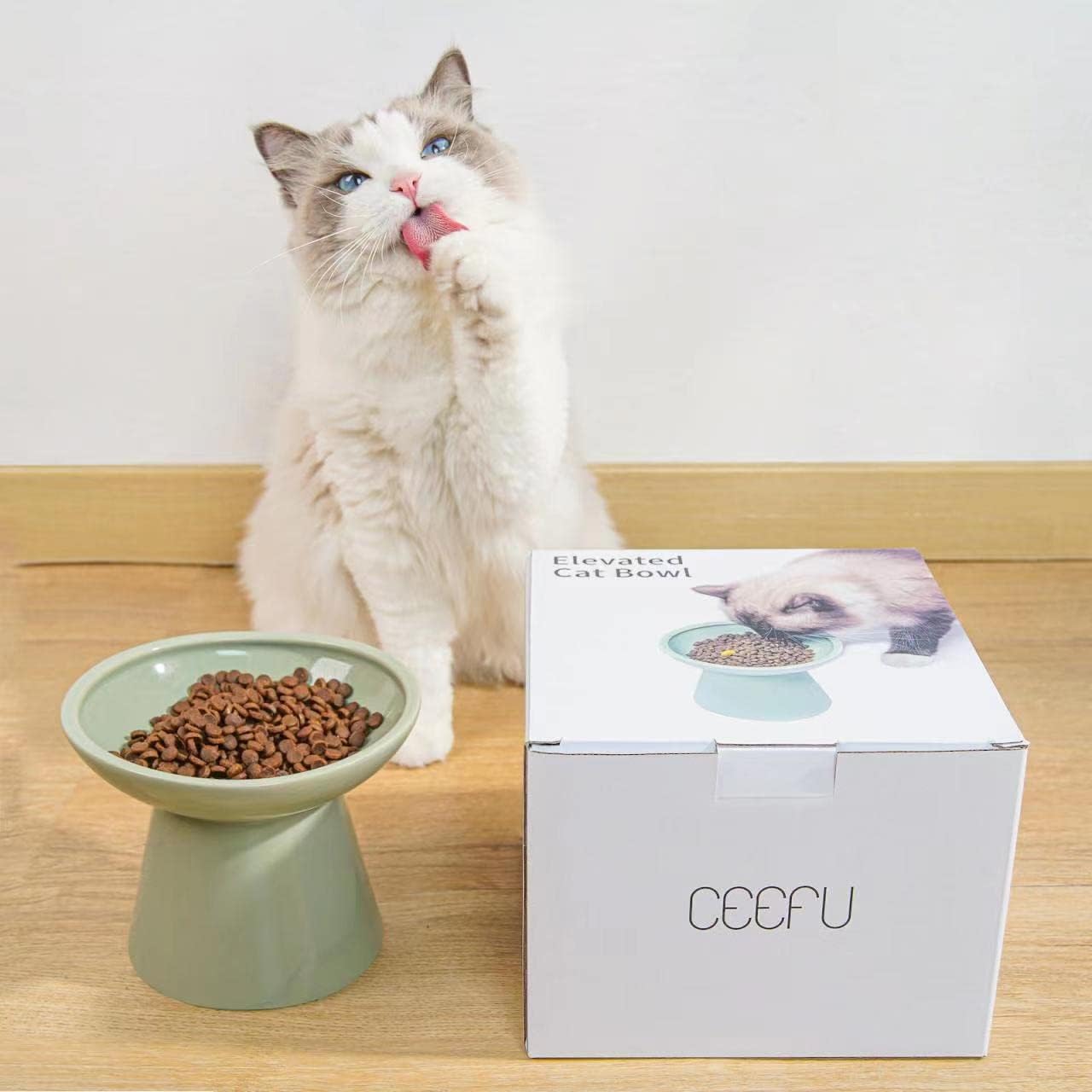 Extra Wide Elevated Ceramic Cat Food Bowl - 6.2" Shallow Dish for Whisker Fatigue Relief, 5" Height for Easy Feeding, Lead & Cadmium Free, Durable Raised Cat Food Bowls, Sage Green