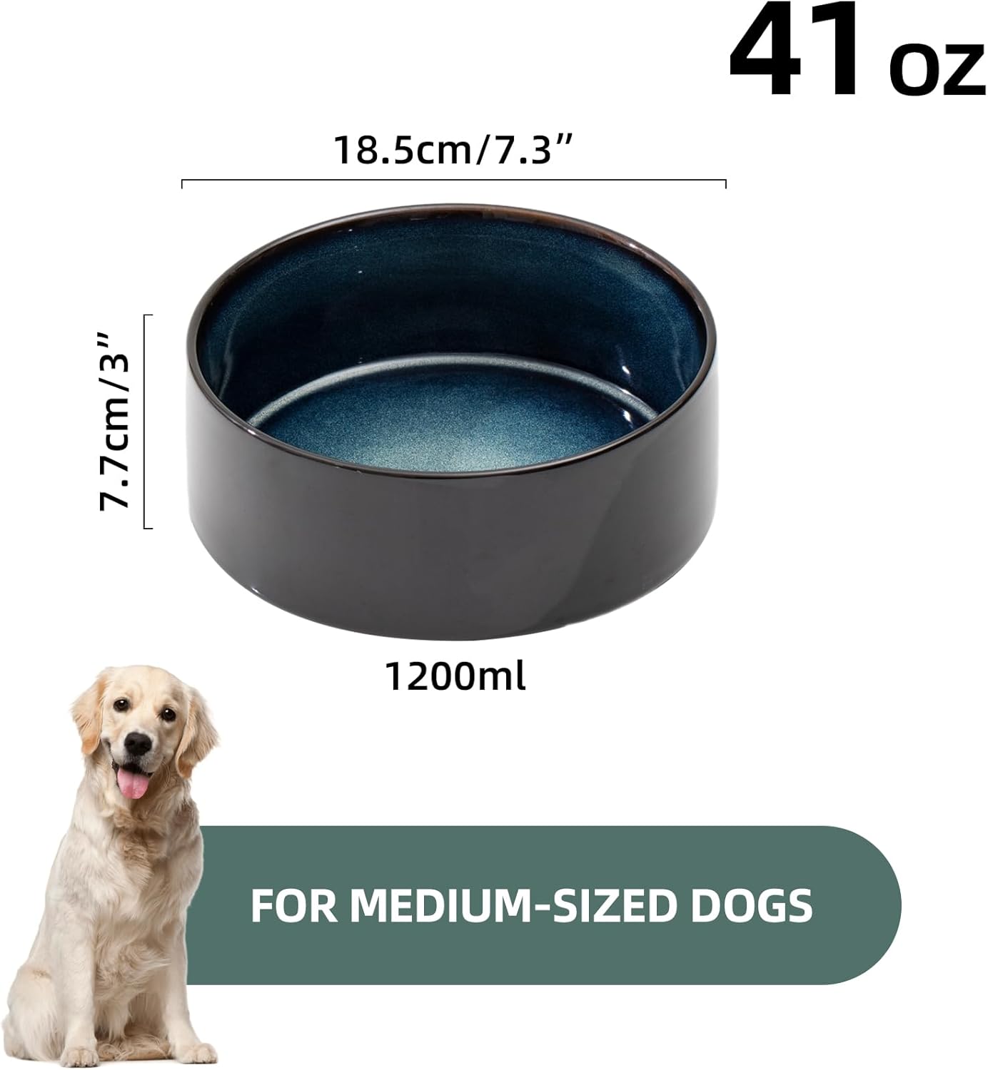 Ceramic 7.3inch Dog Bowl, Food and Water Bowl for Medium Breed Dog, Pet Feeder for Replacement (Single Bowl, Starry Sky)