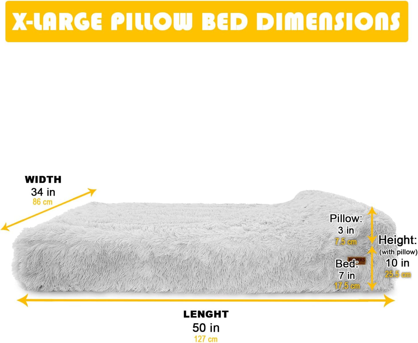 KOPEKS Orthopedic Memory Foam Dog Bed 7" Inch Thick Extra Large Dog Bed with Pillow Fluffy Grey 50"x34"x10" Includes Waterproof Liner & Durable Removable Cover with Smart Design