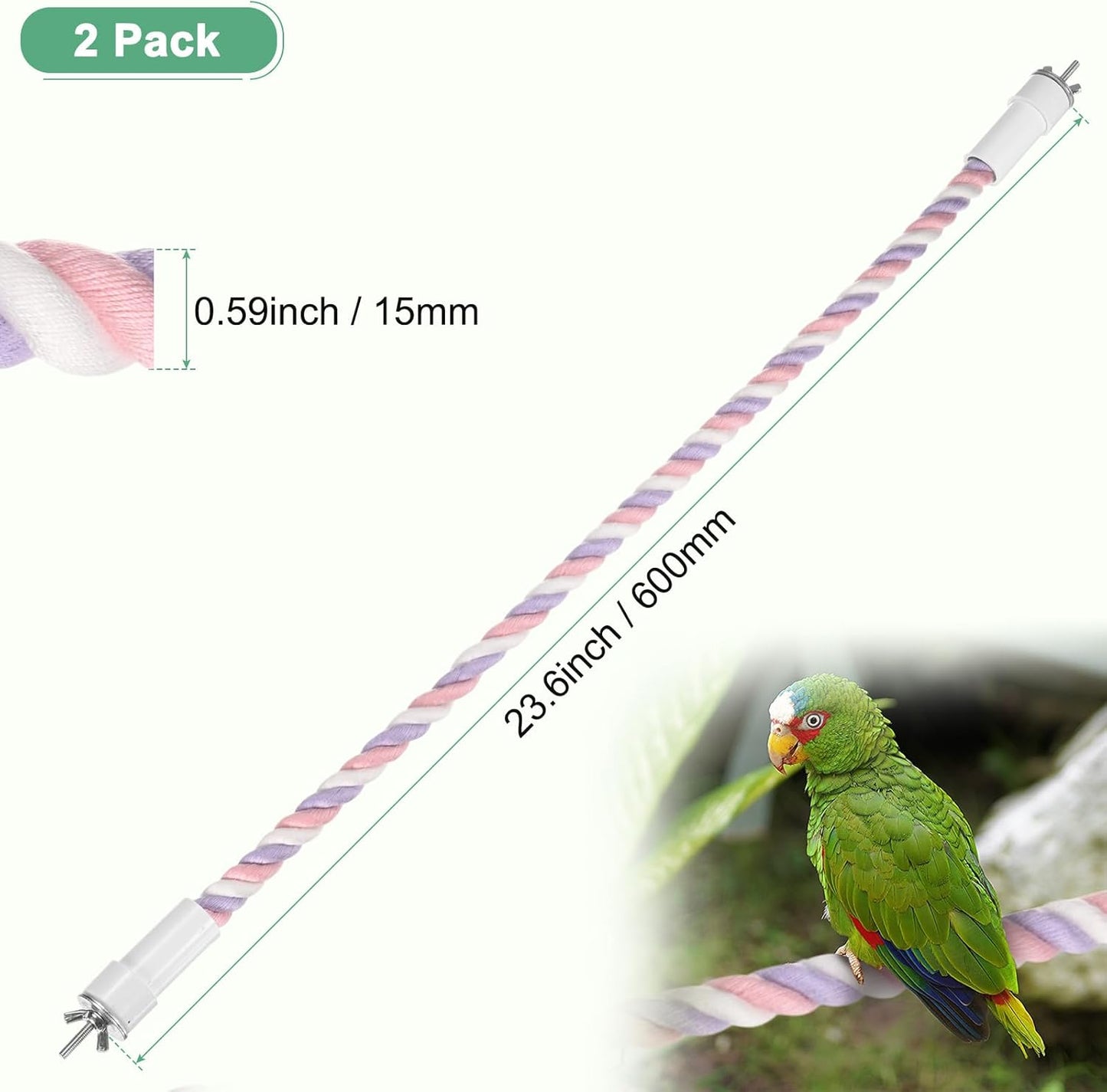 2-Pack Rope Perches for Bird Cages, 23.6 in Length Comfort Grip Flexible Rope Perch Beak & Paw Grinding for Parrots/Cockatiels/Parakeets, Bird Platform Sand [Pink Purple]