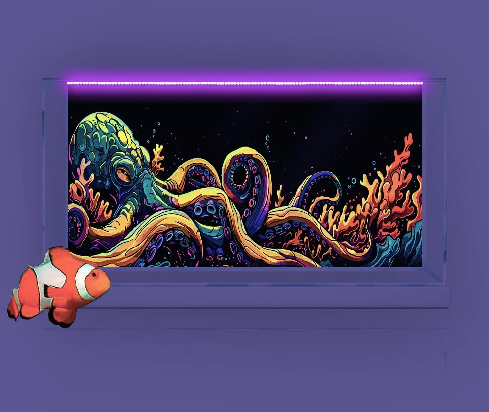 72X18IN Blacklight Octopus Sea Monster HD 3D Black Light Aquarium Background UV Reactive Background Terrarium Background with 10 EVA Double-Sided Tape