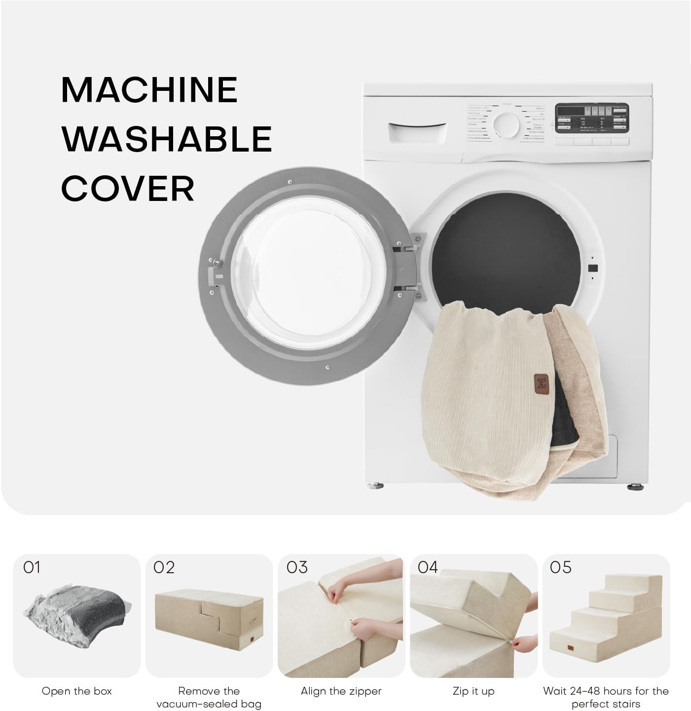 Dog Stairs for High Bed, Dog Steps for Bed Couch Sofa, 35D Foam Extra Wide Pet Steps for Small Dogs and Cats, Pet Stairs with Non-Slip Bottom Beige, 5 Steps