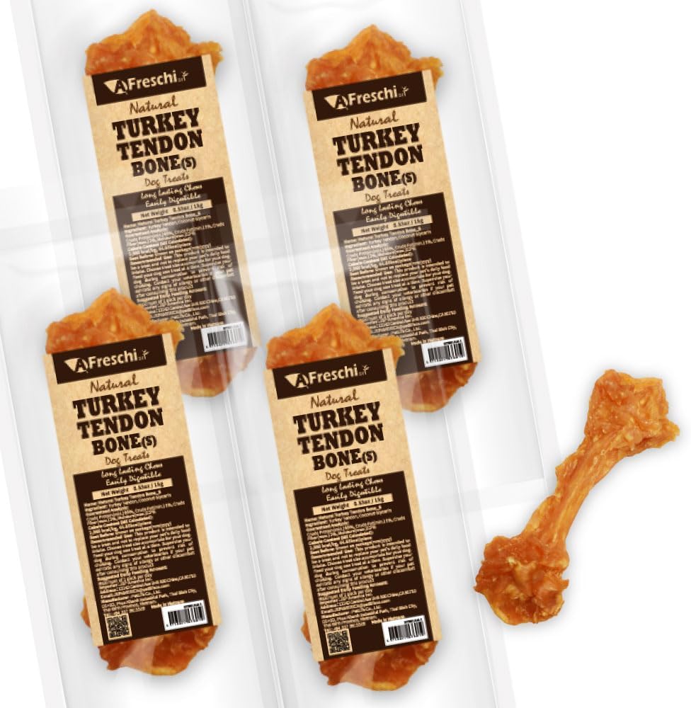 AFreschi Turkey Tendons for Dogs, USA-Sourced, Healthy Dog Treats, Rawhide-Free Puppy Chews, Long Lasting, All Natural, Hypoallergenic Dog Treats for Small Breeds, 4 Count Pack Bone (S)