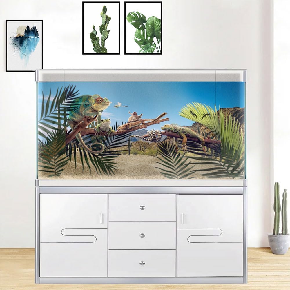 Reptile Habitat Background, Retro Desert Oasis Cactus Terrarium Background 30X18 in Background with 8 EVA Double-Sided Tape