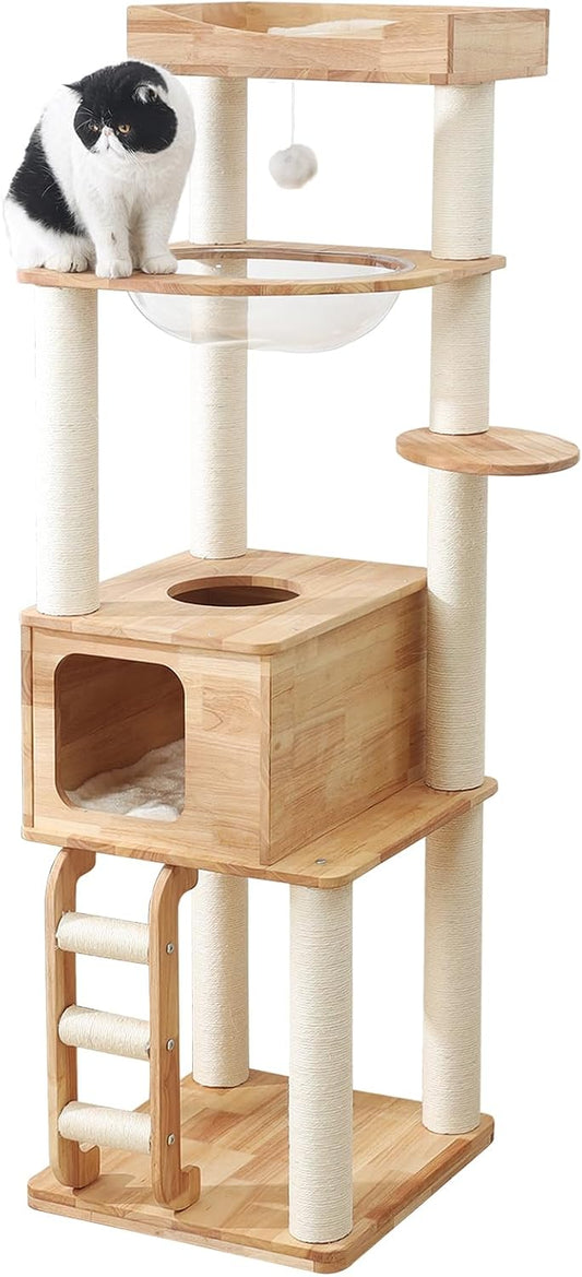 65-inch Tall Cat Tree，Cat Tower for Indoor Cats with Feel-Safe Enclosed Cat Cave、Scratching Post、Space Capsule Nest and Cat Ladder