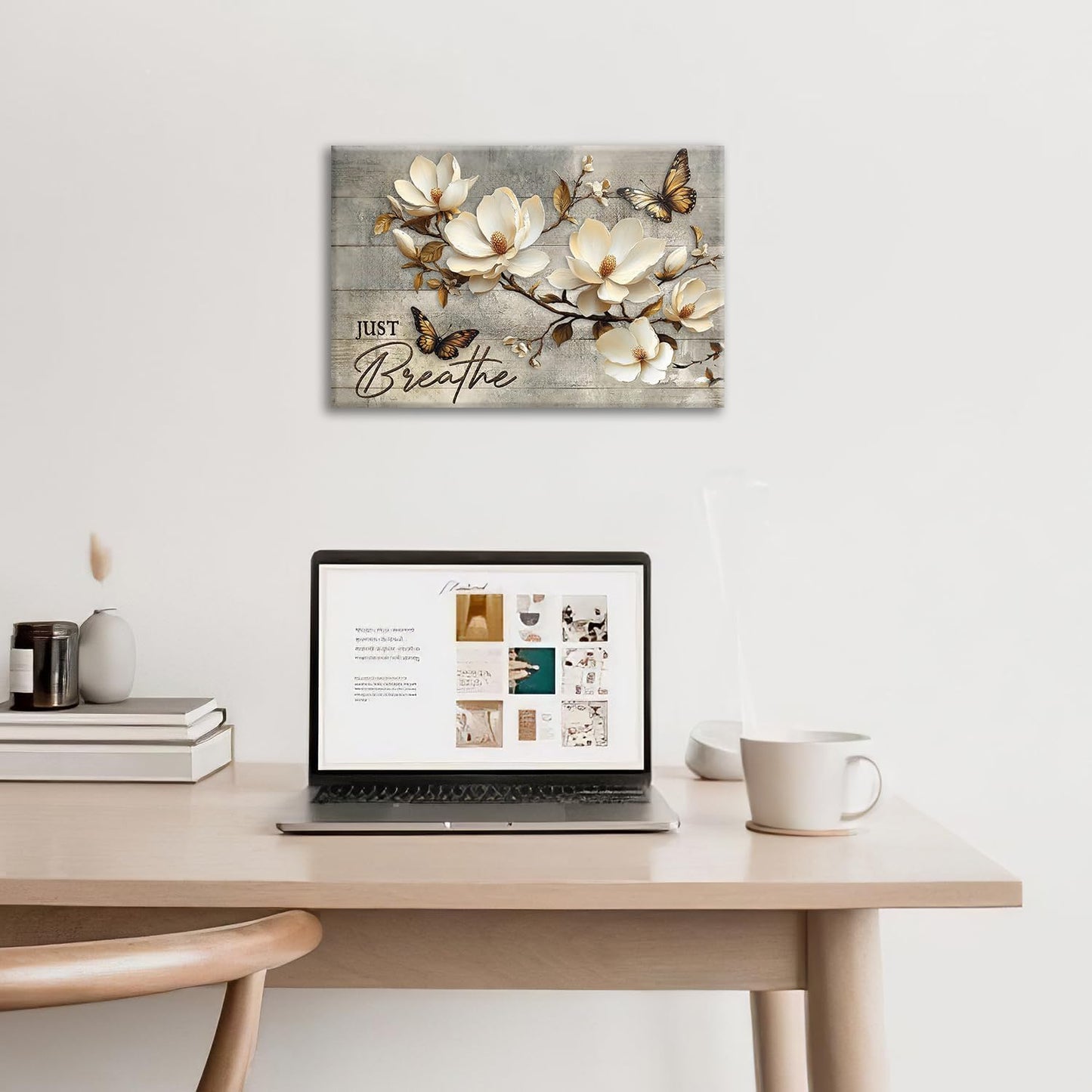 Floral Magnolia Bathroom Pictures Wall Art, Just Breathe Bathroom Wall Decor, Flower Butterfly Framed Painting Canvas Artwork for Bedroom Living Room Decorations 24"L x 16"W