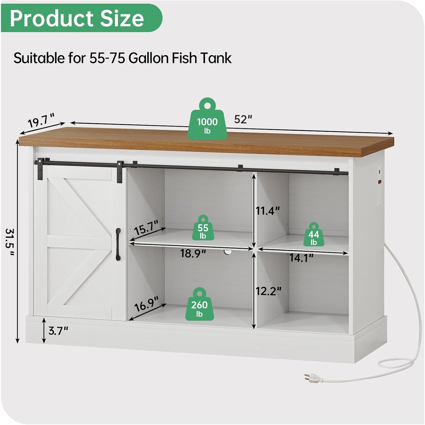 Fish Tank Stand Up to 75 Gallon, Aquarium Stand with Sliding Barn Doors & Power Outlet, White Farmhouse Style Stand with Cabinet Storage for Fish Tank, Turtle Tank, Reptile Terrarium,1000LBS Capacity