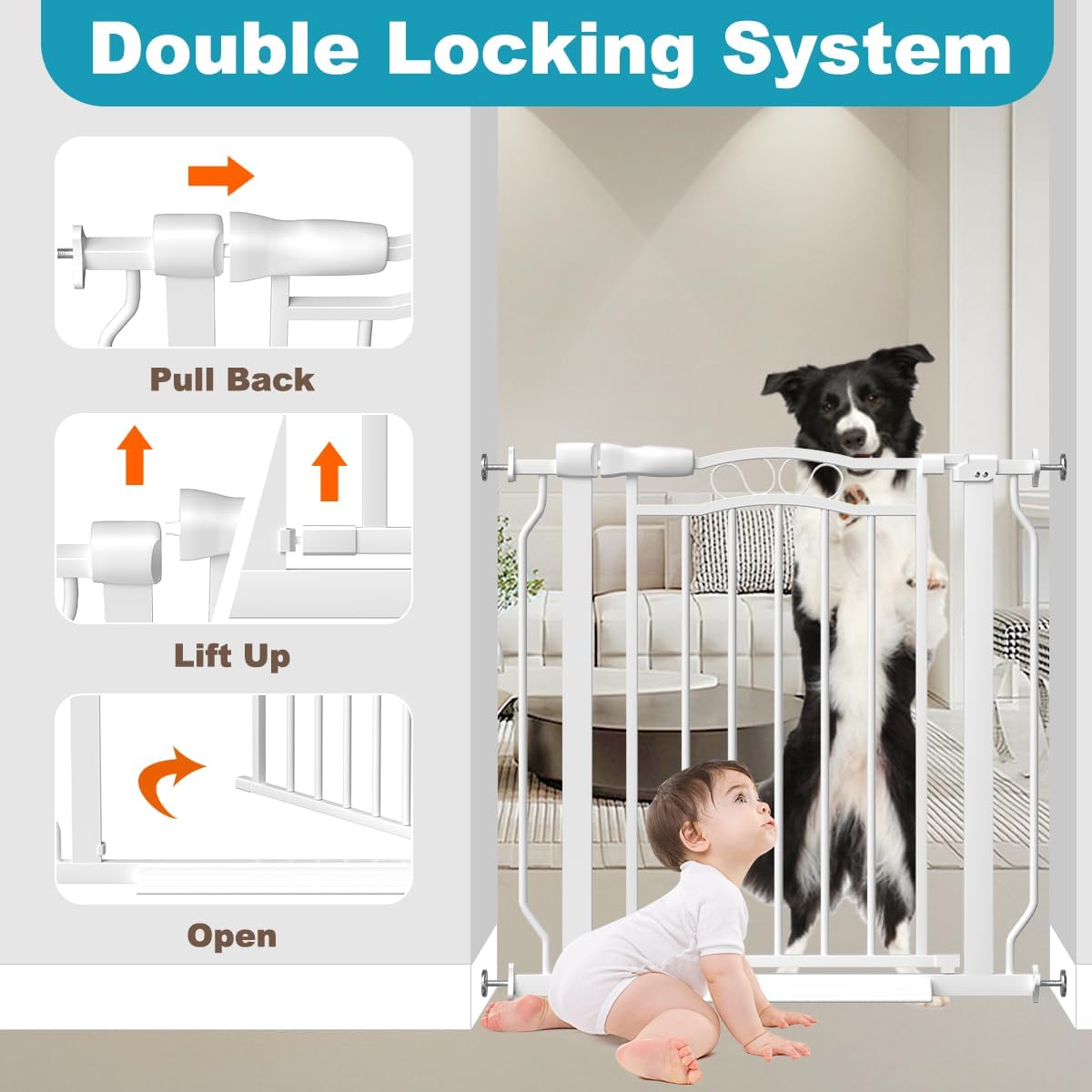 Extra Wide Baby Gate for Doorways 53.1"-62.6", Pressure Mounted Dog Gates With Door, Child Safety Barrier Walk Thru Indoor, Large Babygate Long for Kids Toddler Pet Outside, 30 In Tall White