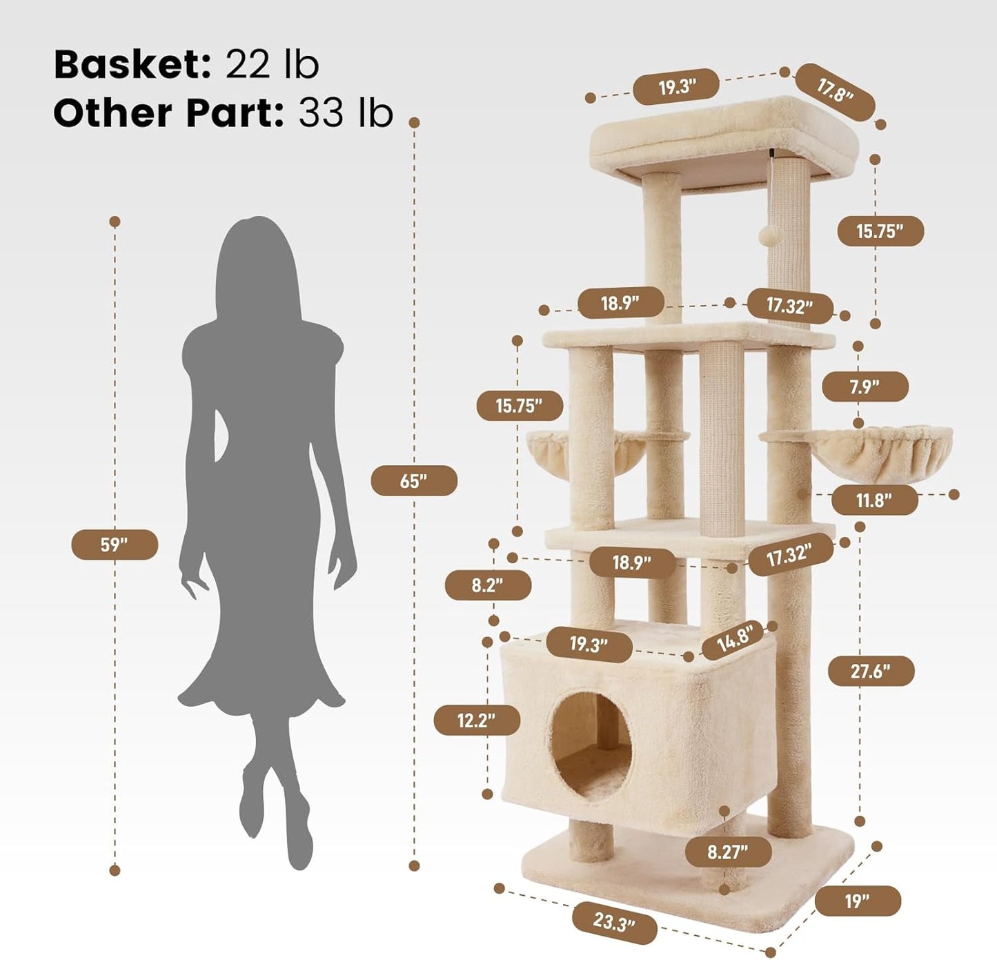 Gardner Pet 65in Heavy Duty Cat Tree Tower for Large Cats, Multi-Level Cat Furniture with Replaceable Sisal Scratching Post, Hammock | Extra-Large Platform & Condo (Upgraded Beige)