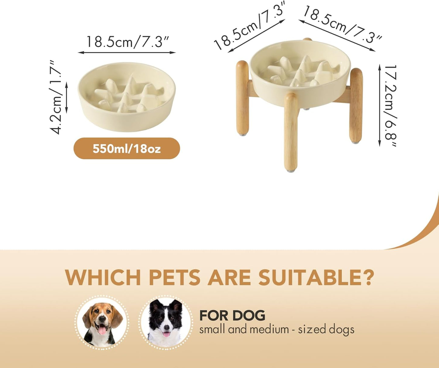 7.3inch Ceramic Dog Raised Slow Feeder Set, Elevated Bowl with Wooden Stand for Medium and Small Dog, Slow Feeder Dish for Fast Easters, Preventing Choking(Beige, Single Bowl+ Stand)