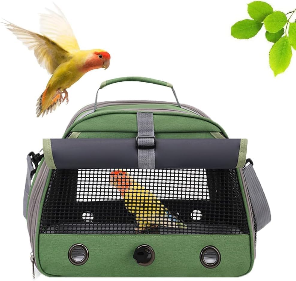 Bird Travel Carrier, Portable Small Bird Parrot Parakeet Carrier with Standing Perch and Tray, Side Access Window Collapsible Bird Carry Transport Bag for Vet Visit(Green)