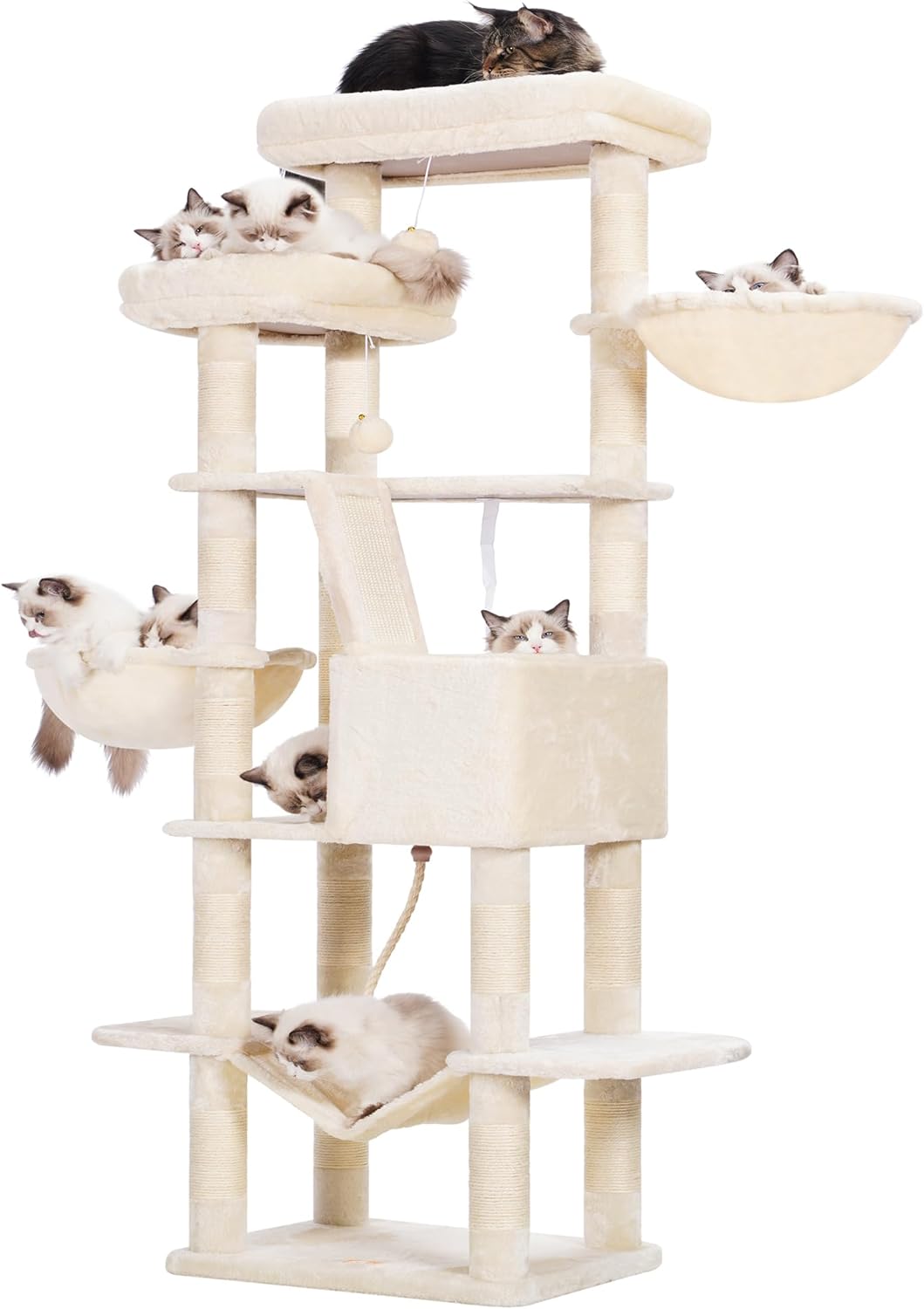 Heybly Cat Tree, 68 inch Multi-Level Cat Tower for Indoor Cats, 2 Widened Plush Perches Cat Condo with Scratching Board and Big Caves, Beige HCT025M