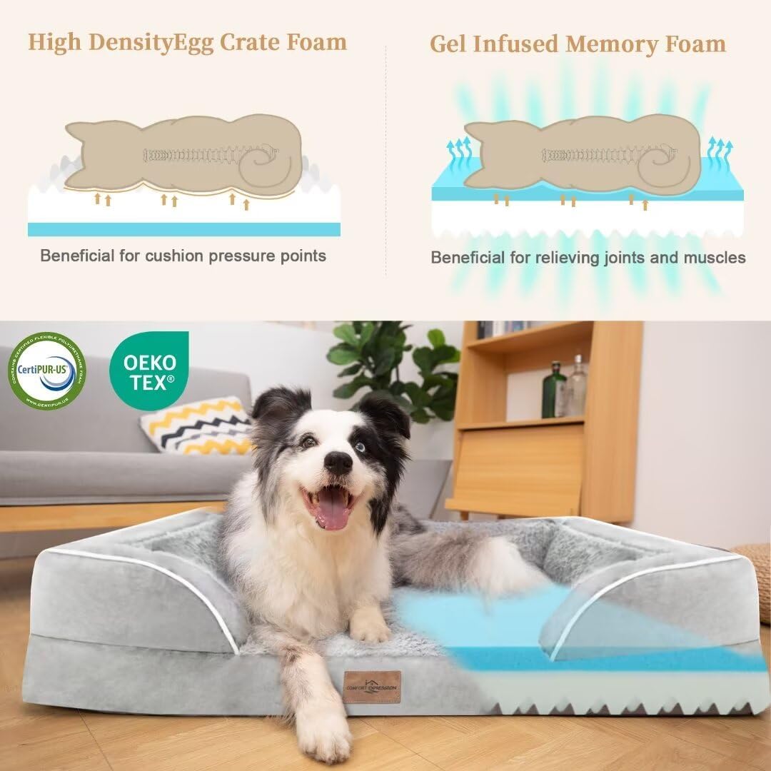 Comfort Expression Memory Foam Dog Beds Large Sized, Orthopedic Dogs Beds Washable, XL Dog Beds with Removable Cover, Waterproof Pet Sofa Couch with Bolster(X-Large,Light Grey)